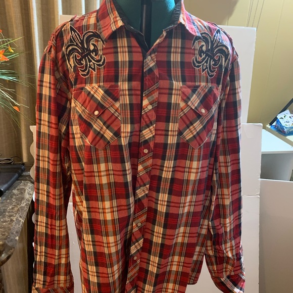 Ring of Fire Other - Ring of Fire Plaid Fleur de Lei Pearl Snap Up XXL